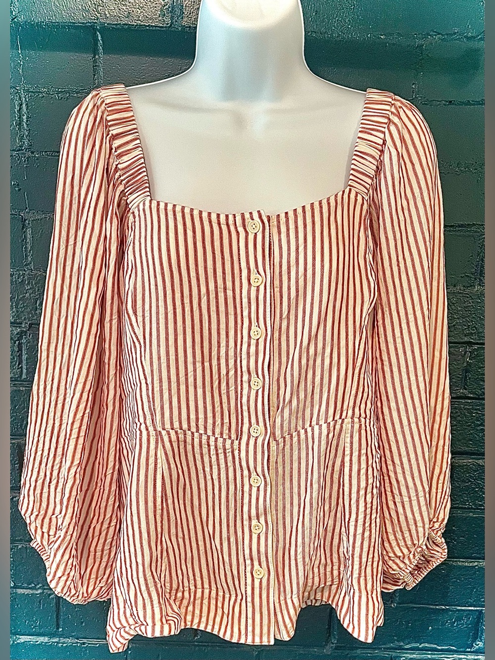 Red Striped Button-Front Peasant Top